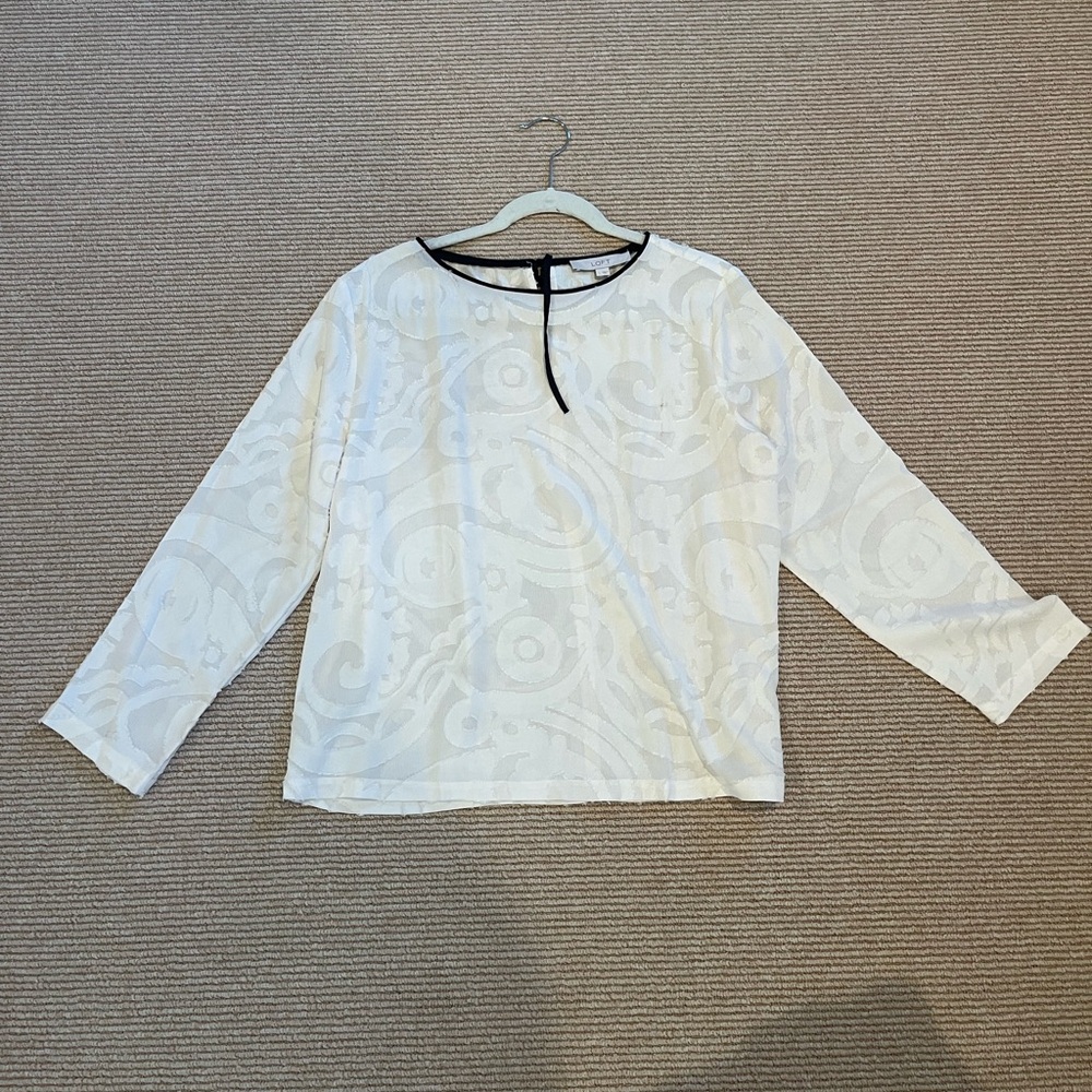 LOFT Ivory Textured Blouse with Black Trim